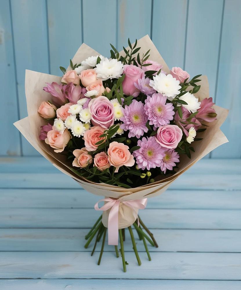Букет цветов из: Хризантемы, Розы и Альстромерии в Усово