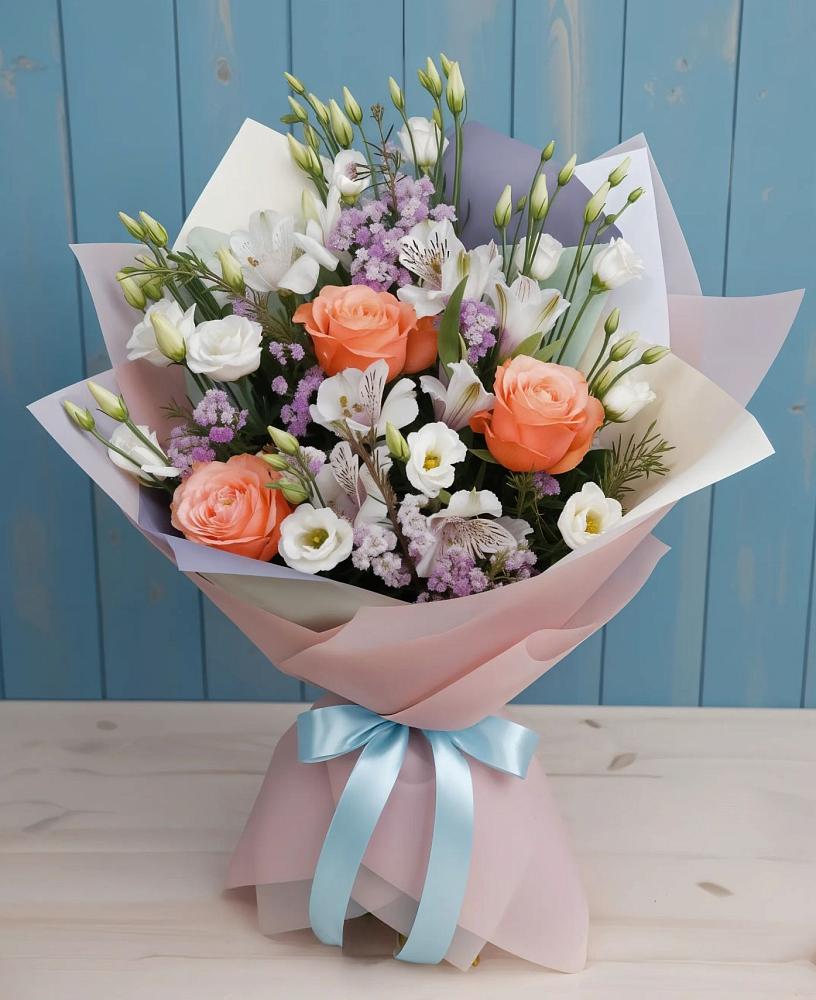 Букет цветов из: Лизиантусы, Розы, Альстромерии и Гипсофила в Усово
