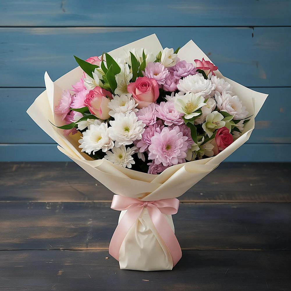 Букет цветов из: Хризантемы, Альстромерии и Розы в Усово